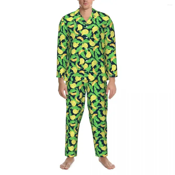 Pijamas masculinos Tropical Banana Pijama Homens Frutas Impressão Moda Sono Nightwear Outono Duas Peças Vintage Oversized Conjuntos de Pijama Personalizado