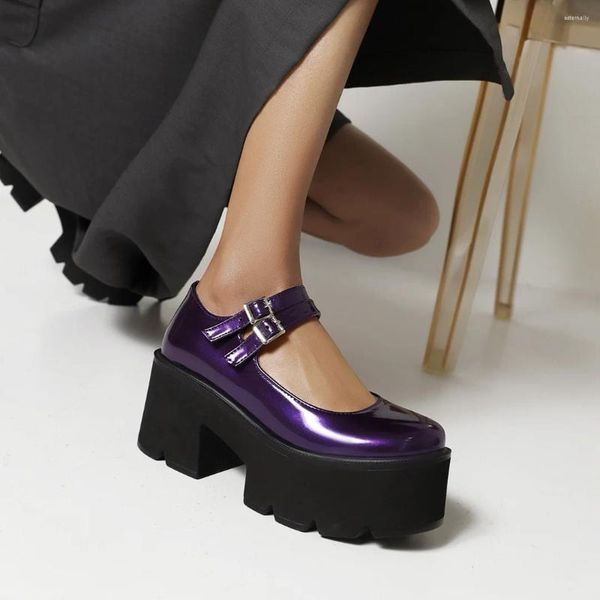 Sapatos de vestido super alta plataforma impermeável roxo patente couro grosso-solado brilhante amarelo oco salto feminino