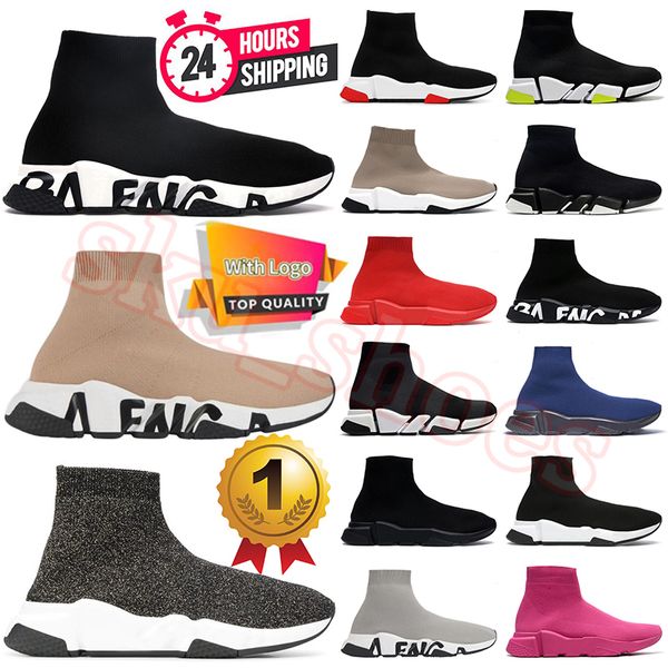 Designer Luxury Sock Booties Slip-On Brilhante Malha Plate-Forme Sapatilhas Graffiti Preto Branco Clear Sole Homens Sock Moafers Speed 1.0 2.0 Mulheres Planas Botas Casuais Sapatos Dhgate