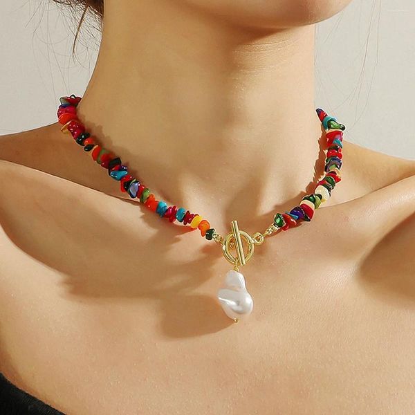 Anhänger Halsketten Bunte Perlenkette Halskette für Frauen Handgemachte Naturstein Halsband Muschelperle Sommer Täglich Böhmischer Schmuck Geschenk