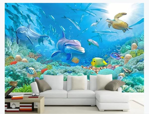 Sfondi Carta da parati personalizzata 3D Decorazioni per la casa Carta da parati fotografica HD Delfino Corallo Tartaruga Pesce Gruppo Underwater World TV Sfondo Carta da parati murale