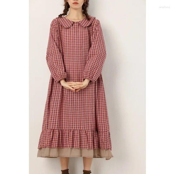 Abiti casual Vintage Plaid in cotone e lino per le donne a maniche lunghe dolce e carino colletto della bambola volant allentati abito lungo femminile abiti