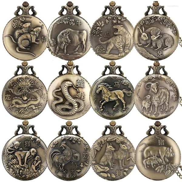 Taschenuhren Vintage Bronze Chinesisches Sternzeichen Ratte/Ochse/Tiger/Drache/Schlange/Pferd/Schaf/Affe/Hahn/Hund/Schwein Quarz-Halskette