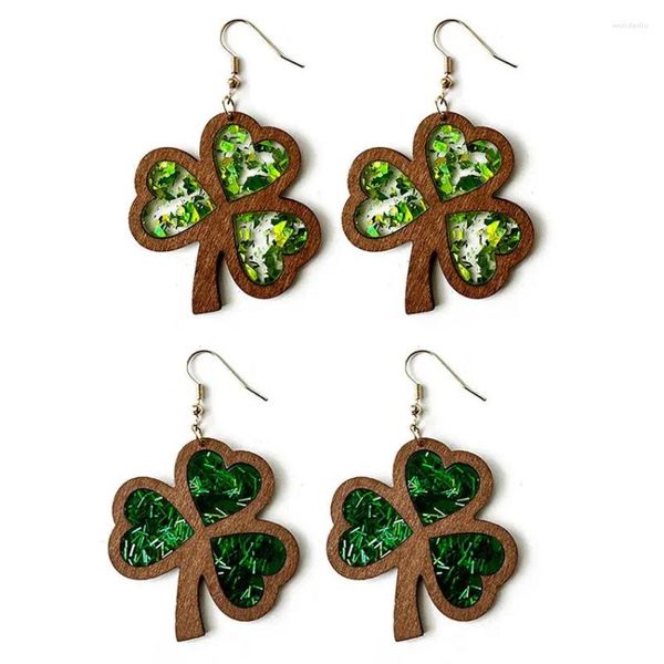 Baumelnde Ohrringe St. Patricks Day Goldfarbene Folie Acryl-Inlay Holzkleeblatt für Frauen 2024 Holzklee Schmuck Geschenke