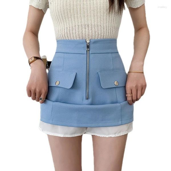 Frauen Shorts Frauen Sommer Tasche Hohe Taille Zipper Casual Rock Formale Büro Blau Hakama Atmungs Koreanische Version Streetwear