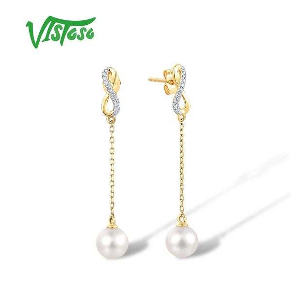 Knoten VISTOSO 9K 375 Gelbgold Ohrringe für Frauen Süßwasser weiße Perle Diamant Tropfen Ohrringe zarte charmante Geschenke edlen Schmuck