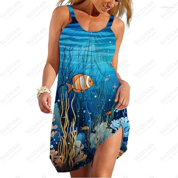 Повседневные платья Подводный мир 3D-платье с принтом Женская мода на открытом воздухе Простое летнее свободное платье на бретельках для отдыха