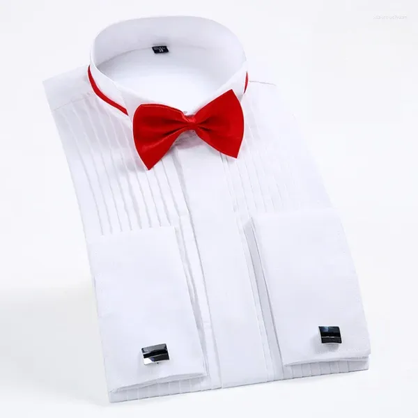 Camisas casuais masculinas vestido de casamento camisa fraque abotoaduras francesas top de manga comprida