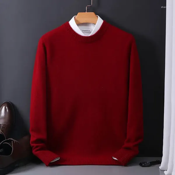 Suéter masculino com gola redonda, suéter de malha de caxemira com manga comprida, pulôver masculino de lã macia e quente 4xl