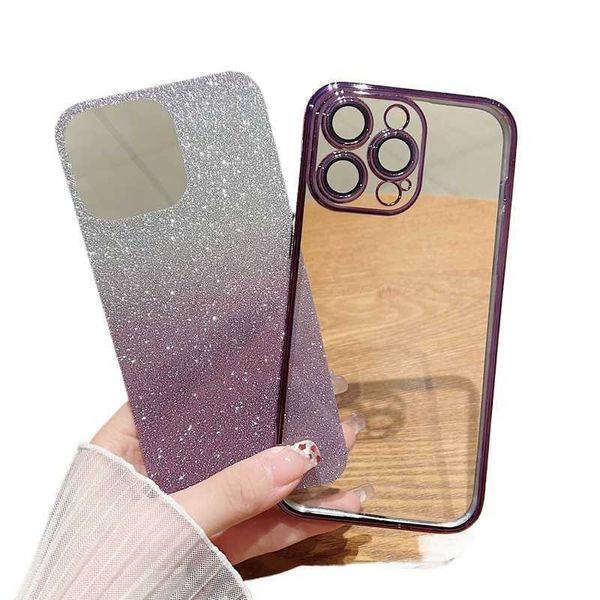 Capas de telefone celular Papel Bling Glitter Gradiente Capas de telefone metálicas para iPhone 15 14 Pro Max 13 12 11 XR XS X 8 7 Plus Protetores de lente de câmera Fine Hole Shinny Sparkle Platin