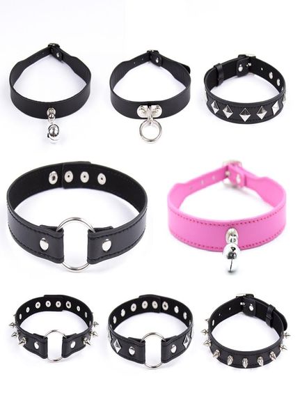 DHL NAVIO 100 PCS ajustável estilo PUNK colar de couro com sinos anel rebites colar sexy moda pescoço acessório bondage brinquedos sexuais 8281996