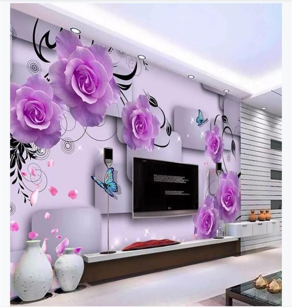 Personalizado 3d mural papel de parede po papel de parede roxo pétalas de rosa caindo tridimensional quadrado moda 3d tv sofá fundo w8318692