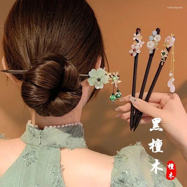 Grampos de cabelo vintage mulher vara estilo chinês flor pérola borla pino artesanal de madeira preta para meninas acessórios de penteado