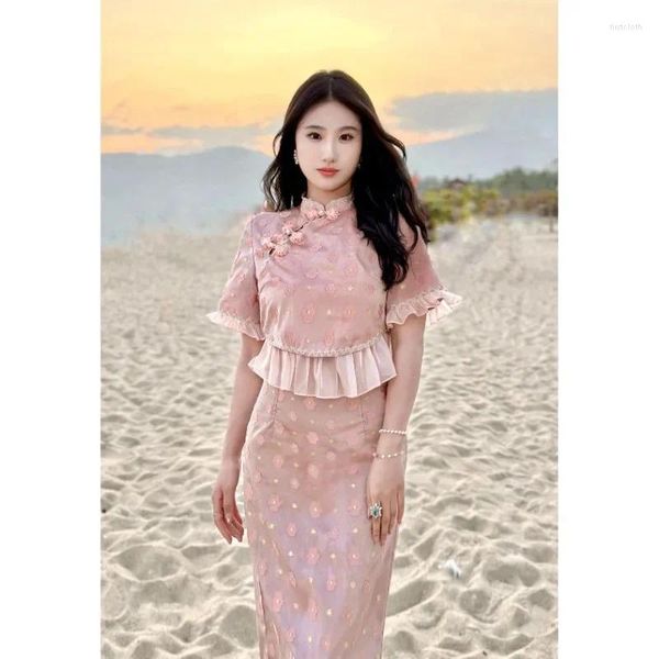 Roupas étnicas Alta Qualidade Estilo Chinês Rosa Floral Lace Trim Cheongsam Top Saia para Mulheres 2023 Doce Festa de Aniversário Vestidos de Noite