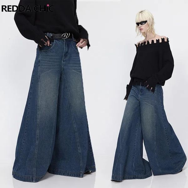 Jeans femininos reddachic coreano elegante mulheres baggy queimado perna solta vintage elefante sino bottoms bootcut calças azuis cintura alta tr