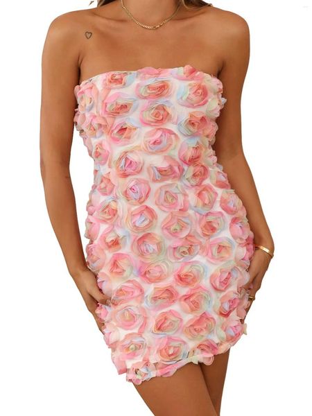 Vestidos casuais mulheres mini vestido verão 3d flor sem alças festa elegante bodycon sem mangas tubo