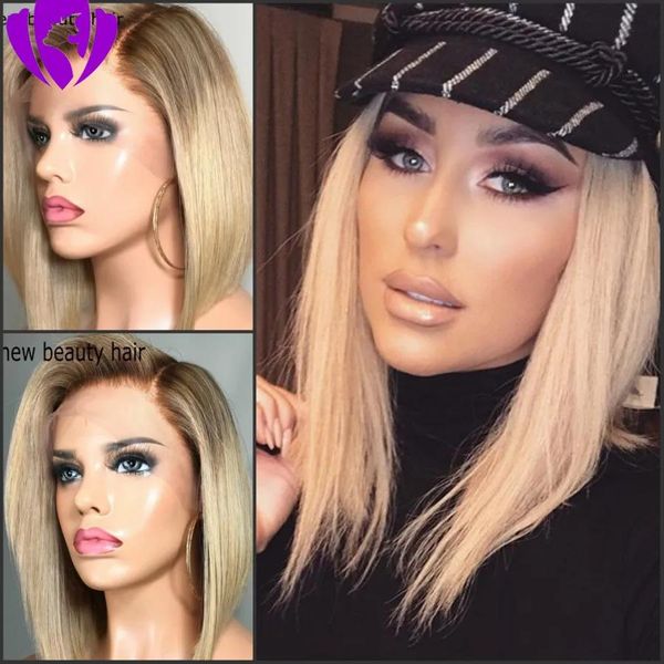 Perücken Hotselling braune Wurzeln Ombre Blonde Farbe Kurze Bob Perücken Brasilianische volle Lace Front Perücke synthetisches hitzebeständiges Haar für weiße Wo