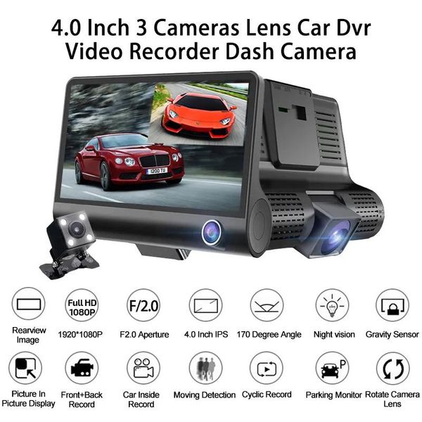 DVRs 3 Câmeras Carro DVR Auto Driving Dashcam Veículo Gravador de Vídeo 4 Display Full HD 1080P Frente 170° Traseira 140° Interior 120° Gs2857