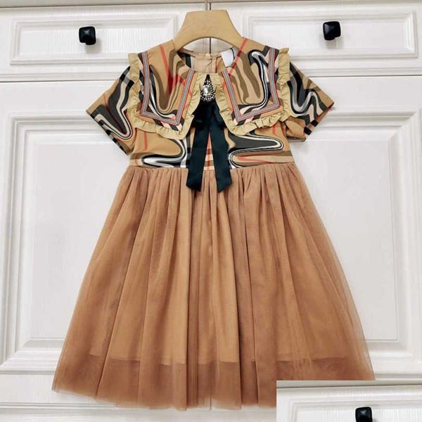 Kızlar Elbise 23SS Çocuk Tasarımcı Giysileri Elbise Marka Klasik Kafes Net İplik Bir Ekleme Yakası Tiki Stil Kısa Kollu Uzun Etek Büyük Dhhbq
