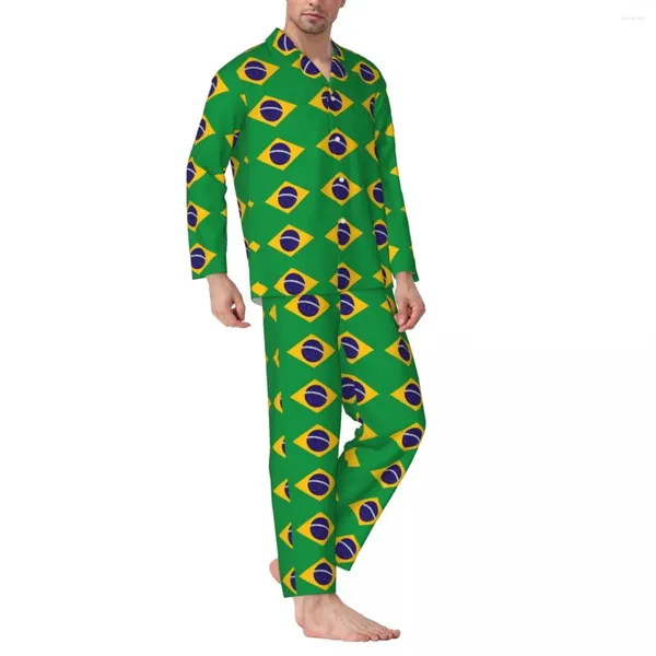 Homens sleepwear bandeiras impressão pijama conjunto bandeira do brasil confortável homem manga longa casual solto quarto 2 peças nightwear tamanho grande xl 2xl