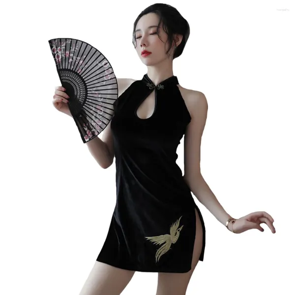 Abbigliamento etnico Cosplay sexy Abito tradizionale cinese per le donne Costumi erotici Qipao Nightclub Party Nero Ricamo Cheongsam Lingerie
