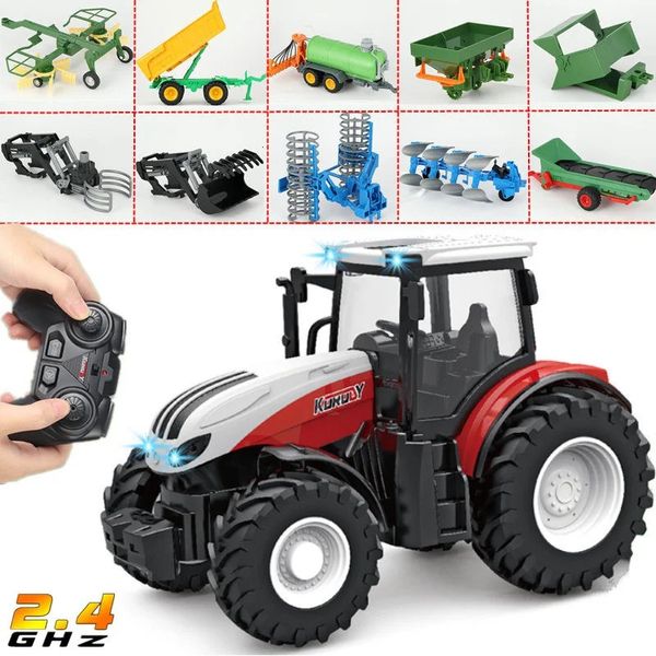 124 RC Tractor Trailer com LED Farol Farm Toys Set 24GHZ Controle Remoto Car Truck Farming Simulator para Crianças Kid Presente 231229