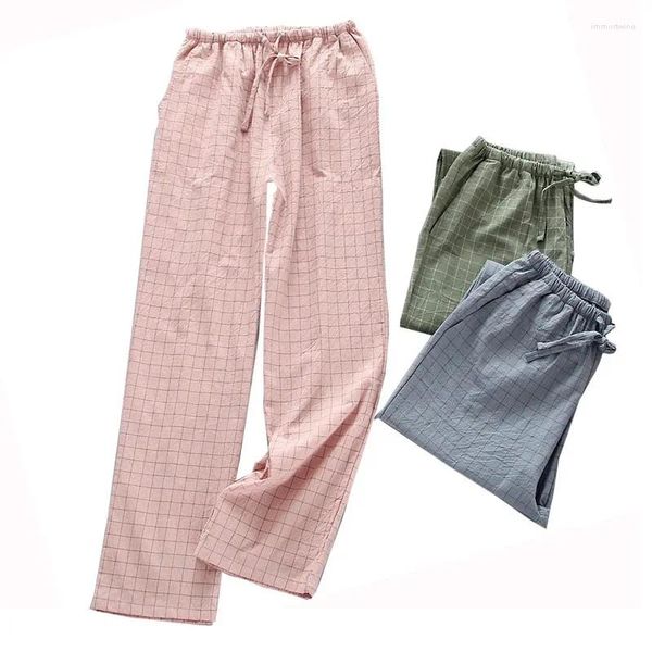 Indumenti da notte da donna 2024 Donna Allentato Sottile Elastico in vita Pantaloni Homewear Autunno Donna Stile semplice Fondo del sonno Comfort Garza di cotone Plaid