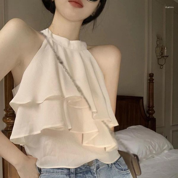 Frauen Tanks Halter Bluse Frauen Rüschen Chiffon Tops Süße Einfarbig Ärmellose Mode Sexy Leibchen Koreanische Version