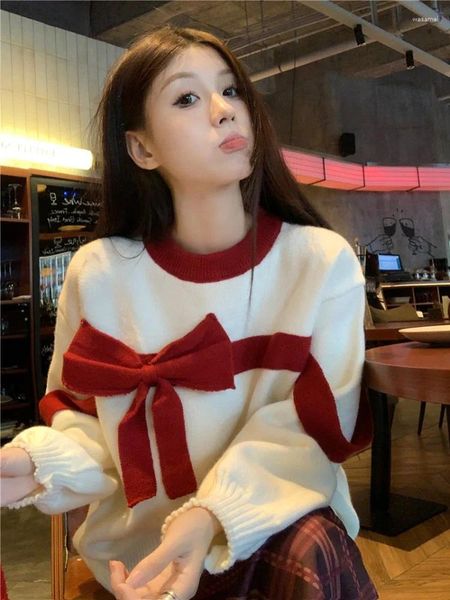 Suéteres femininos high-end atmosférico arco topo solto pulôver camisola outono inverno versão coreana 2023 natal vermelho feminino estética