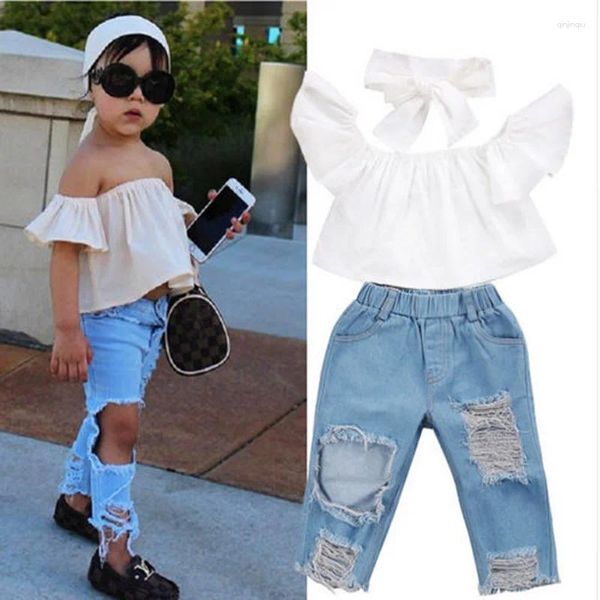 Комплекты одежды Летний комплект для девочек с открытыми плечами, белый топ с перфорированными джинсами Модная трендовая одежда