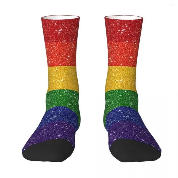 Meias masculinas todas as estações meias de tripulação falso glitter lgbtq orgulho arco-íris bandeira fundo acessórios longos para homens presentes