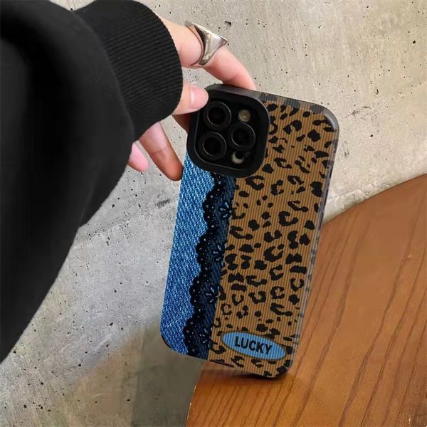 Leder Fashion Cool Volcano Leopard Print Denim Design Handyhülle für iPhone 15 14 13 12 11 Pro Max XS X XR 15 Plus Fashion Soft Silikon Back Cover 100 Stück