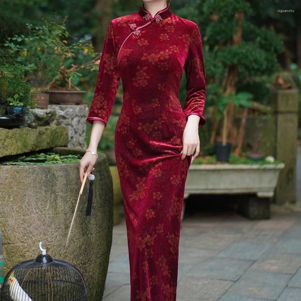 Abbigliamento etnico Abito tradizionale cinese Lungo elegante Velluto Qipao Plus Size 3Xl 4Xl 5Xl Cheongsam Abiti graziosi da donna Anno Vestidos