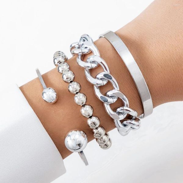 Link Armbänder 4 stücke Vintage Silber Farbe Kubanische Bordstein Kette Für Frauen Mode Sement Goth Offene Manschette Armreifen Paar freunde Schmuck