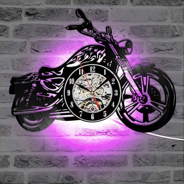 Orologi 3D creativo classico orologio da record in vinile Appassionati di motociclette Regalo Forma di motocicletta vuota Wall Art Motociclista Orologio LED Y200109