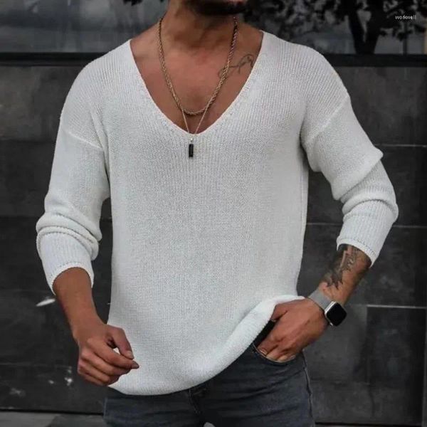 T-shirt da uomo Semplice Casual Pianura Camicia in maglia sottile da uomo 2023 Primavera Scollo a V a coste che fondo T-shirt Pullover Autunno Manica lunga Slim Fit Tees