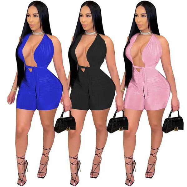 Strampler Großhandel rückenfreie Overalls Frauen figurbetonte Romers Sexy V-Ausschnitt ärmellose Playsuits Casual Solid Overalls Club Wear Bulk 6972