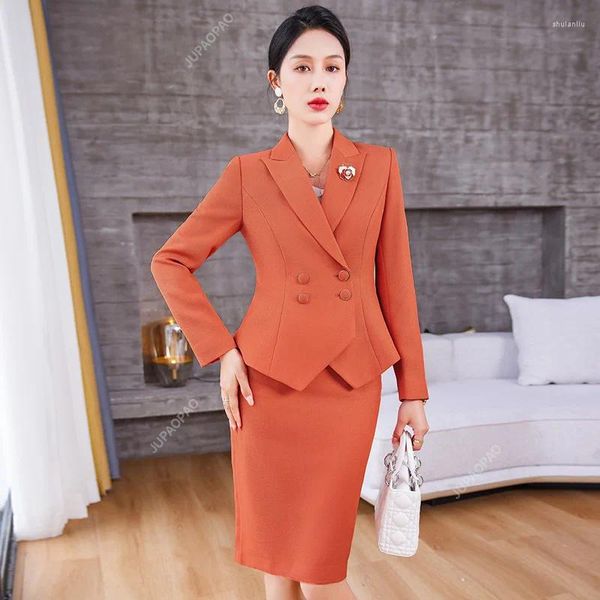Frauen Zweiteilige Hosen Ankunft Elegante Damen Formale Rock Anzug Frauen Orange Blau Rosa Langarm Weibliche Blazer Set Für Business Arbeitskleidung