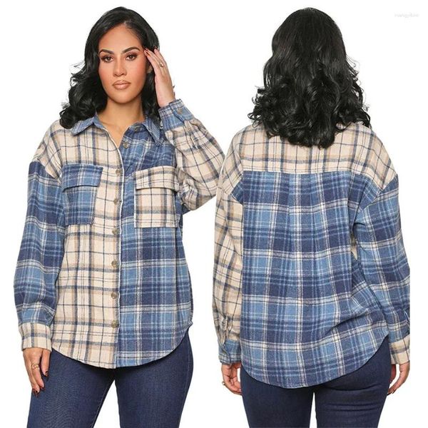Blusas femininas blusas femininas vintage cor bloqueando solto outono/inverno camisa xadrez de lã jaqueta manga cheia com camisas de bolso para mulher