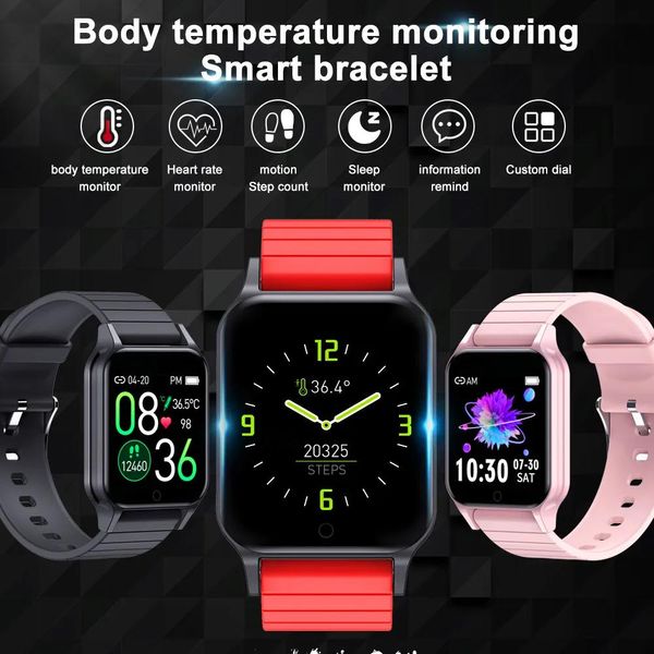 Orologi T96 Smart Watch Misura della temperatura corporeo della frequenza cardiaca della pressione sanguigna Ossigeno monitorare la banda di tracker di fitness bracciale intelligente intelligente