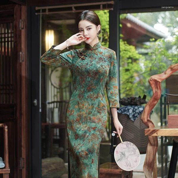 Etnik Giyim Sonbahar Kış qipao kadınlar Çin geleneksel stil kadife elbise büyük boy m-5xl cheongsam vestidos mujer kadife