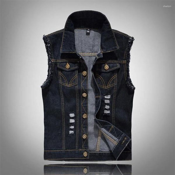 Gilet da uomo Giacca di jeans senza maniche nera Gilet coreano Uomo Cotone Slim Fit Hip Hop Streetwear Gilet di jeans strappato Oversize 6XL