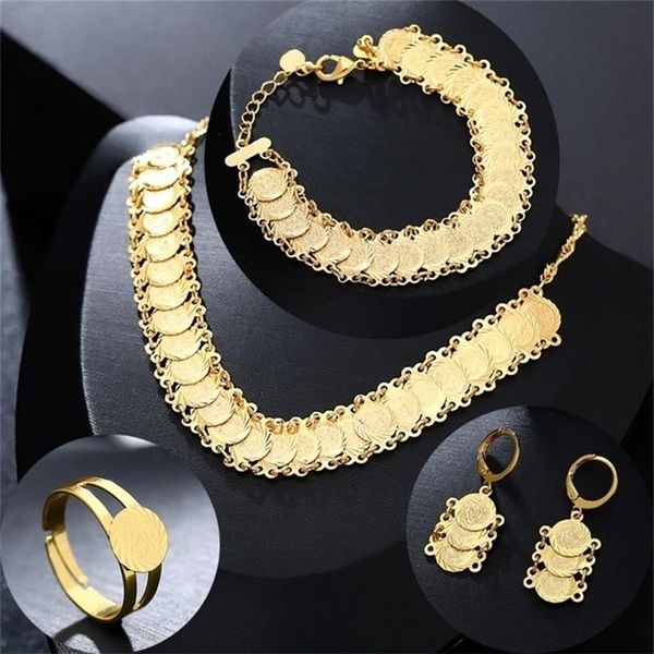 Новые классические арабские комплекты ювелирных изделий золотого цвета, ожерелье, браслет, серьги, кольцо, Ближний Восток для женщин, монеты, Bijoux 201222273q
