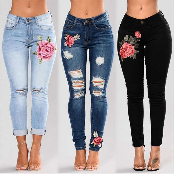 24ss~ Stretch-bestickte Jeans für Damen, elastische Blumen-Jeans, weibliche dünne Denim-Hosen, Lochriss, Rosenmuster, Pantalon Femme