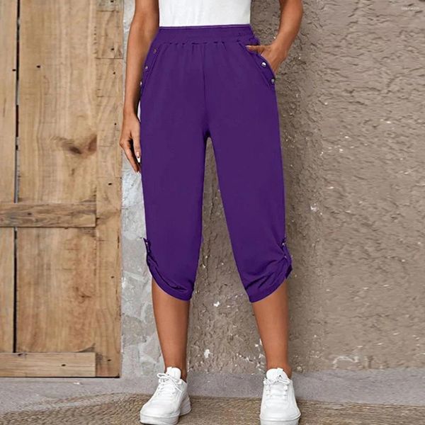 Pantaloni da donna Donna Capris Pantaloni estivi femminili 2024 Pantaloni corti a vita alta da donna tinta unita al polpaccio