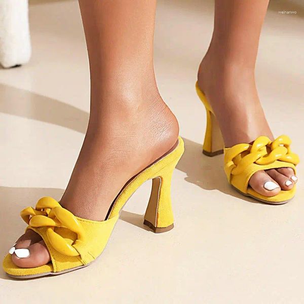 Sandalet Flock Açık ayak parmağı seksi bayan, büyük plastik zincir yüksek topuk slaytları ile terlik sarı turuncu neon yeşil katırlar topuklular