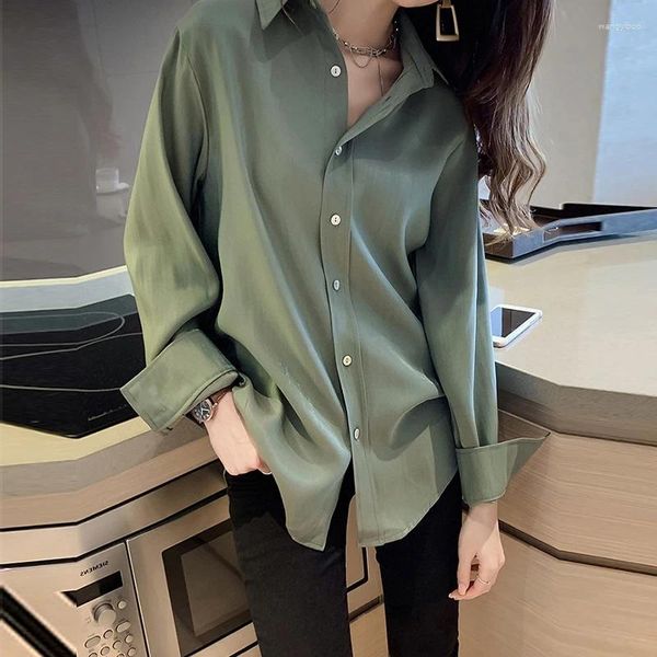 Blusas femininas verde chique chiffon mulheres manga longa 2023 primavera outono baggy elegante botão de escritório até colarinho coreano vintage camisas topo