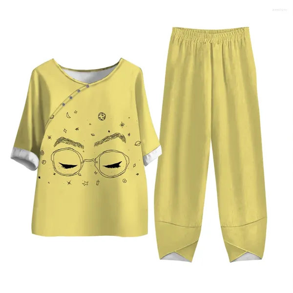 Pantaloni a due pezzi da donna Boutique Stampa cartoon Manica corta 2 pezzi Traspirante Assorbimento del sudore T-shirt abbottonata medievale retrò