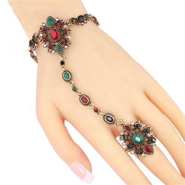Nova pulseira turca para mulheres antigo requintado cristal parte de trás da mão corrente indiana floral jóias pulseiras2781