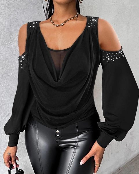 T-shirt da donna 2024 Primavera Estate Strass Spalla fredda Sheer Mesh Patch Top Donna Manica lunga Tee Abbigliamento Donna Abiti coreani